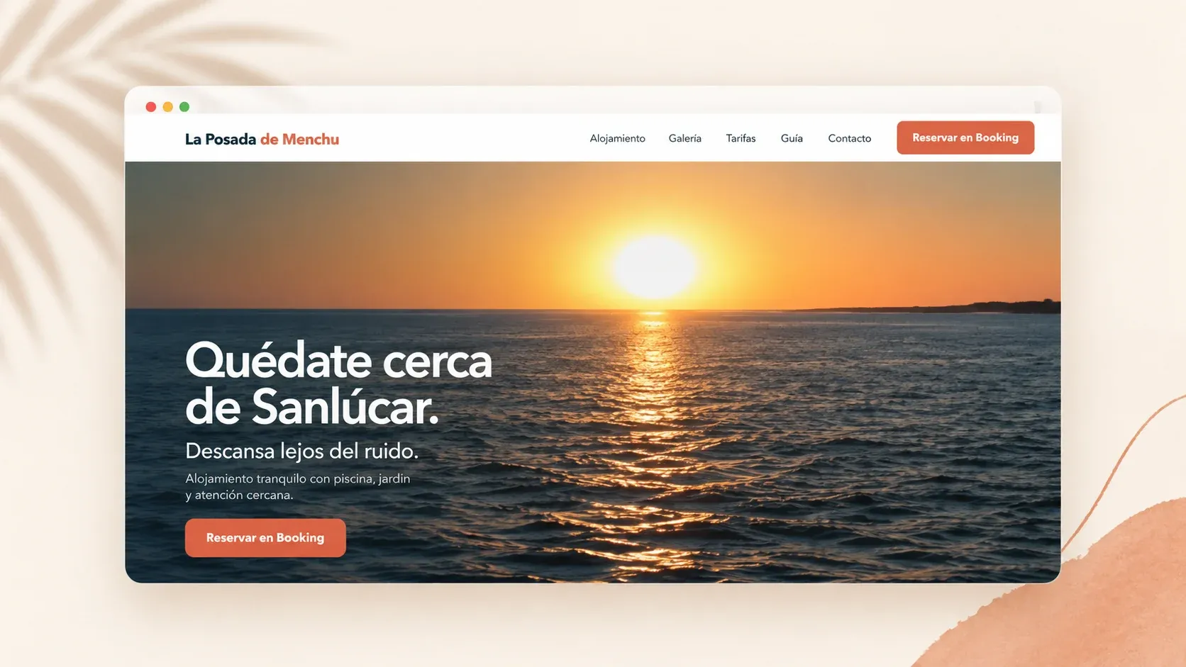 Captura de la web de un alojamiento con navegación, fotografía y llamada a reservar