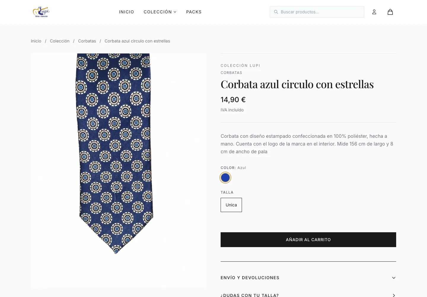 Ficha de producto de una tienda online: fotografía, opciones y compra