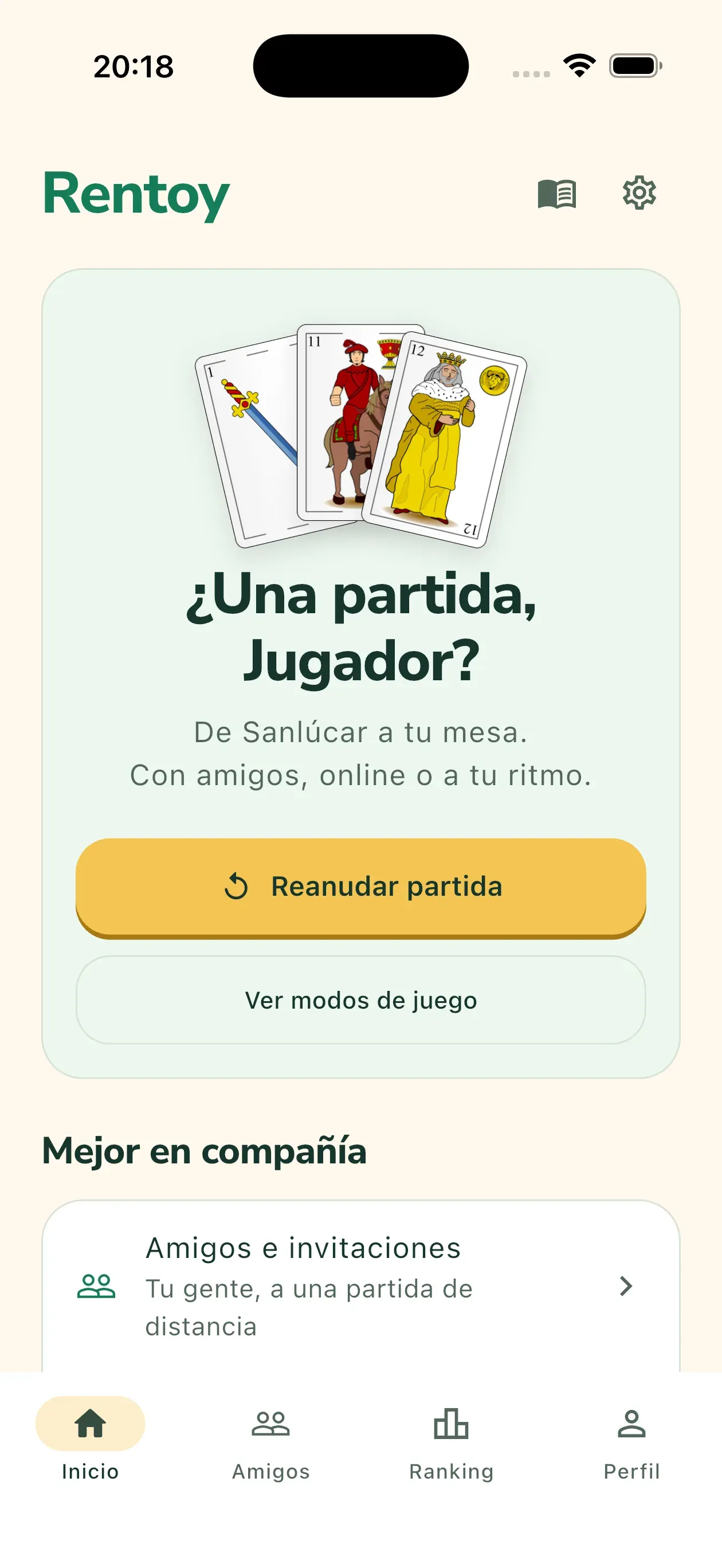 Pantalla de inicio de Rentoy con acceso a una partida y navegación principal