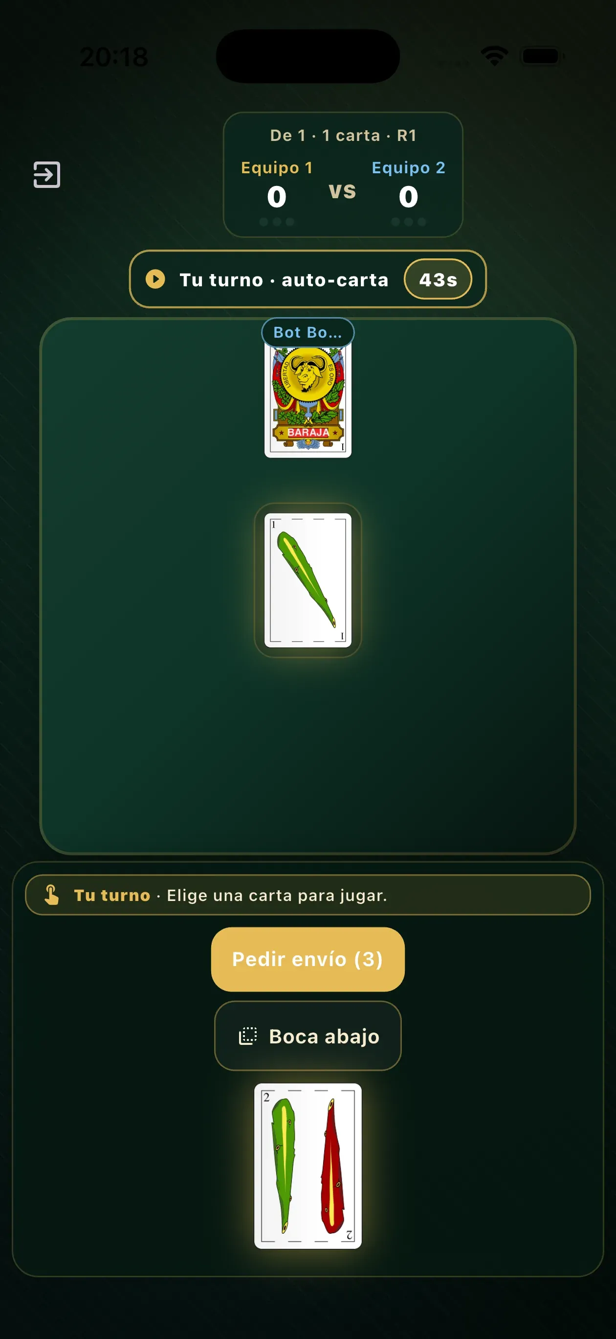 Partida en directo de Rentoy con mesa, turno y cartas