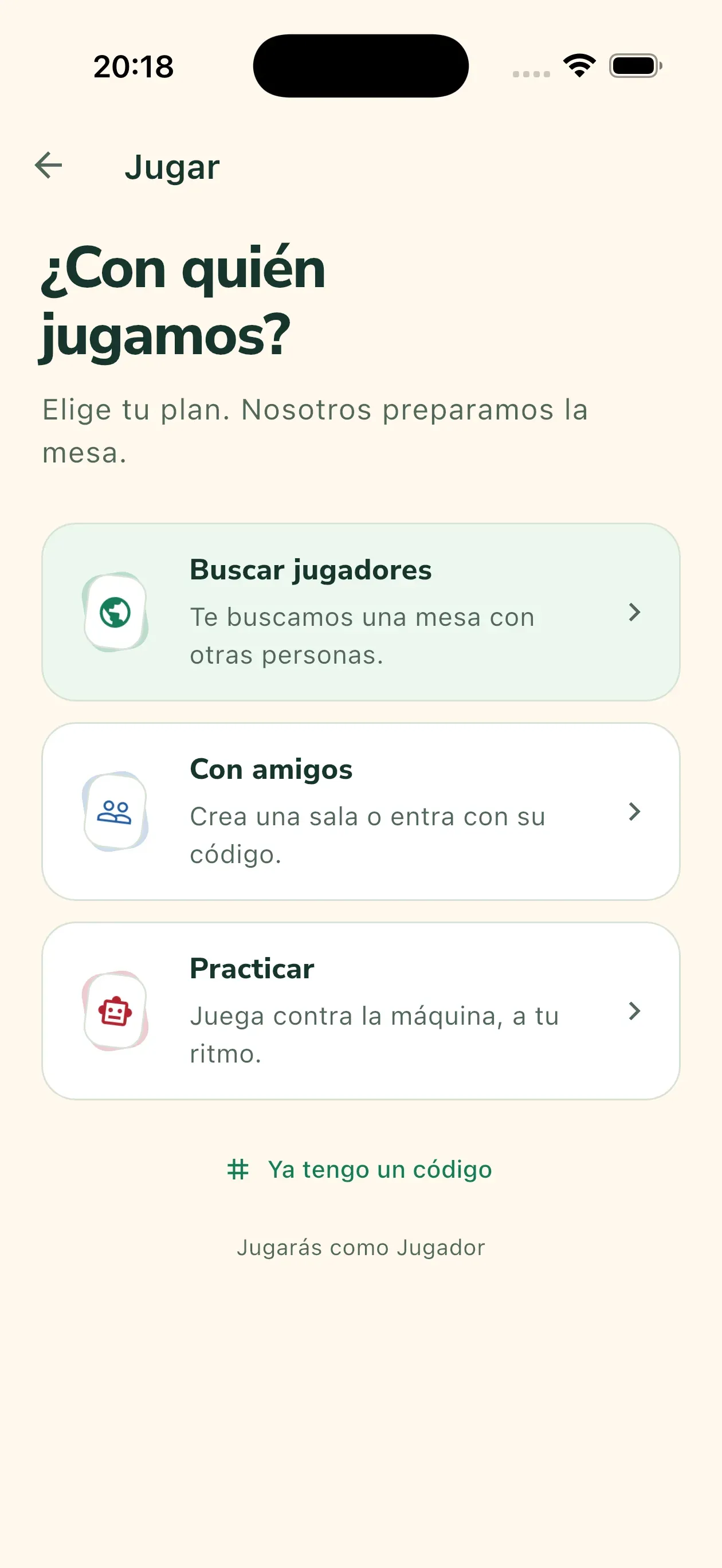 Pantalla para elegir matchmaking, partida con amigos o práctica