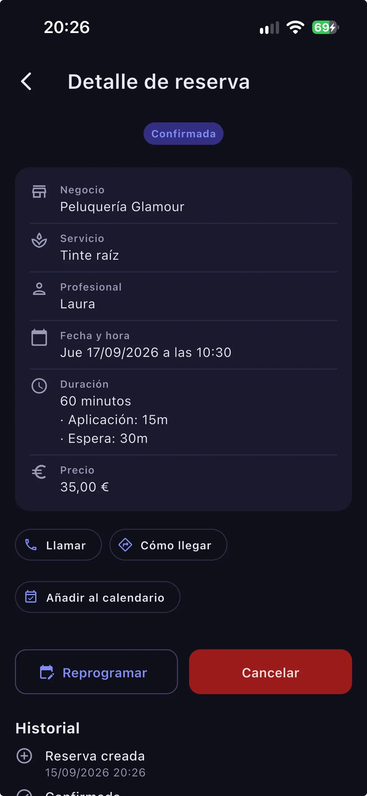 Detalle de una reserva confirmada en Bookoro